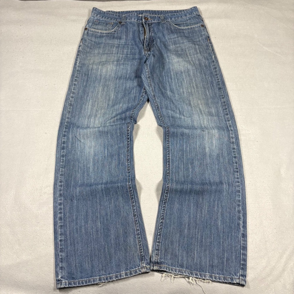 Flypaper Mens Blue Bootcut Denim Jeans Embroidered Back Pockets W34 L32 Grunge